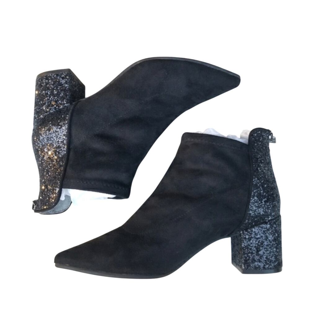 Glitter Boots Adrianna Papell Size 8 Black Suede Ankle Sock Bootir Block Heel